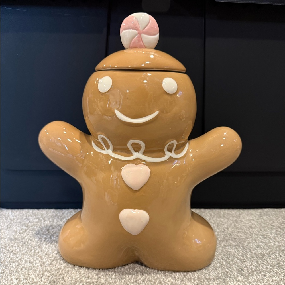 Gingerbread Man Cookie Jar - Tan and Pink